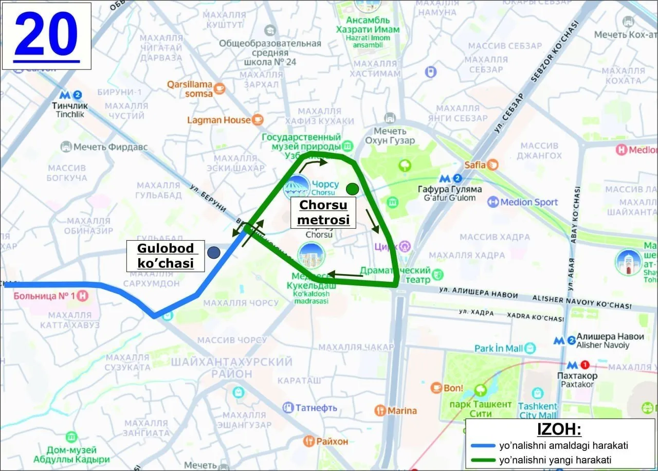 Toshkentda 40 va 20-sonli avtobuslar harakat yo‘nalishi o‘zgaradi