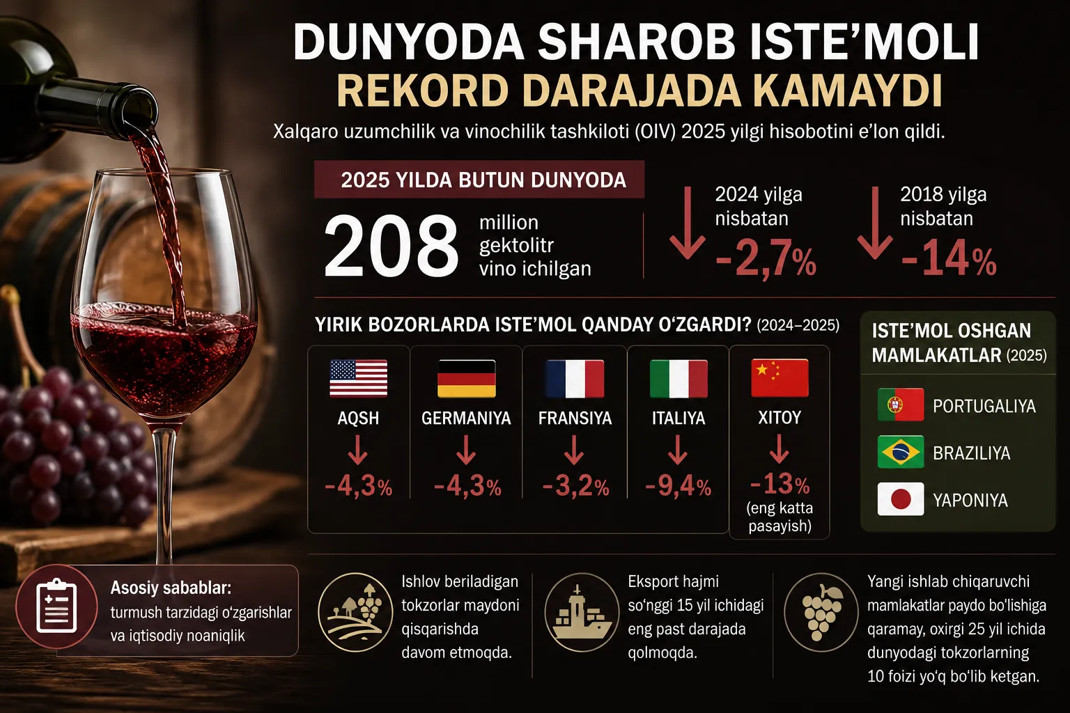 Dunyoda sharob iste’moli rekord darajada kamaydi.