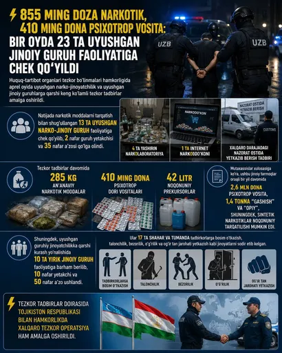 
														
														855 ming doza narkotik, 410 ming dona psixotrop vosita: bir oyda 23 ta uyushgan jinoiy guruh faoliyatiga chek qo‘yildi
														
														